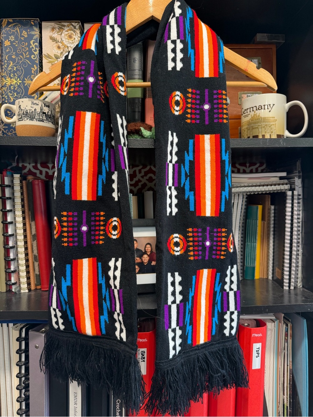 Source Unknown Black Fringe Scarf with Vibrant Geometric Stripe Print